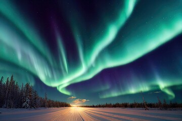 spectacular aurora borealis (northern lights) over a track through winter landscape in finnish lapla