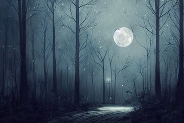 Wall Mural - Dark forest. Gloomy dark scene with trees, big moon, moonlight. Smoke, shadow. Abstract dark, cold street background. Night view.