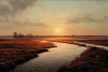 Winter Landscape Of A Polder With A Frozen Stream In The Netherlands. It Is Early In The Morning Of A Beautiful Day, The Sun Is Rising And Some Morning Mist Is Still Visible Above The Field.