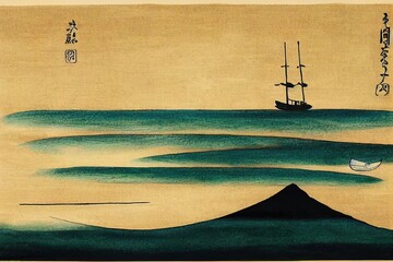 Calm coastal landscape hand drawn with ink. Fishing boat in the sea. Traditional oriental ink painting sumi e, u sin, go hua. Translation of hieroglyph eternity