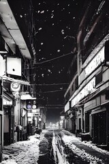 Wall Mural - It's Winter evening in the city and the streets are covered in a light layer of snow. The streetlights cast a warm glow on everything, and the air is crisp and clean.