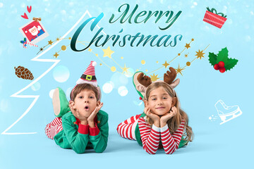 Poster - Beautiful Christmas greeting card with cute elves on light blue background