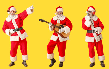 Canvas Print - Set of Santa Claus listening to music, singing and playing guitar on yellow background