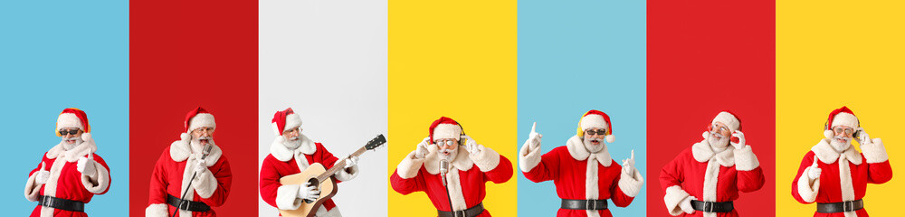 Canvas Print - Set of Santa Claus listening to music, singing and playing guitar on colorful background