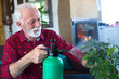 © Solid photos - Senior smiling man watering plants at home in winter