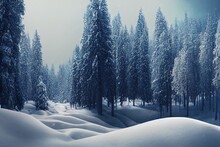 Winter Pine Trees Forest Covered With Snow. Beautiful Winter Panorama At Snowfall