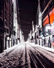 Wall Mural - The city street is empty and dark, the only light coming from the lampposts. The snow is freshly fallen, coating the ground in a white blanket.