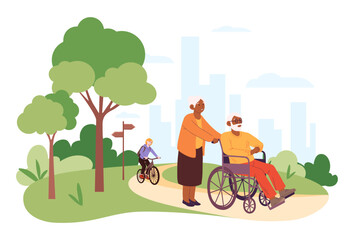 Happy elderly couple. Grandfather and grandmother walking in park, pensioners resting outdoor, active lifestyle and leisure. Romance, love and support concept. Cartoon flat vector illustration