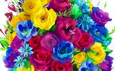 Wall Mural - I am gazing at a beautiful watercolor flower bouquet. The flowers are in shades of pink, purple, and blue. They are surrounded by green leaves and stems. The bouquet is sitting in a white vase on a