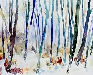 In the picture, a watercolor winter forest scene is depicted. The air is cold and crisp, and the trees are covered in a layer of soft white snow. There is a small stream winding its way through the wo