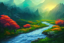 Beautiful River Mountain Forest. Sun Flower Riverbank. Fantasy Backdrop Concept Art Realistic Illustration Video Game Background Digital Painting CG Artwork Scenery Artwork Serious Book Illustration