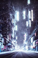 Wall Mural - The snow is falling gently and the streetlights cast a warm glow on the sidewalk. The air is crisp and fresh, and I can see my breath in front of me.