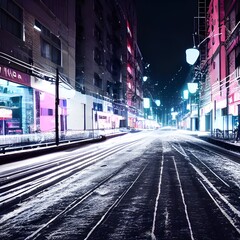 Wall Mural - I am walking down the city street on a winter evening. The air is cold and I can see my breath. The sidewalk is covered in snow and there are Christmas lights strung up between the buildings.