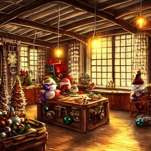 It's A Bustling Christmas Toy Factory, With Elves Scurrying Around Wrapping Presents And Stacking Them Onto Sleighs. There's A Big Oven In The Corner Where Gingerbread Cookies Are Baking, Filling The 