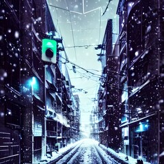 Wall Mural - In the photo, there is a city street with tall buildings on either side. The pavement is covered in snow and the streetlights shine brightly against the dark night sky. Cars are parked along the curb 