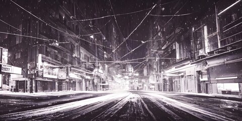 Wall Mural - In the city, on a winter evening, the street is lined with cars and people are walking along the sidewalks. The air is cold and crisp, and the lights of the city create a warm glow.