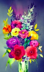 A beautiful bouquet of watercolor flowers is on the table. The colors are vibrant and make a statement.