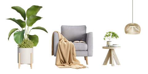 Armchair and plant in 3d rendering