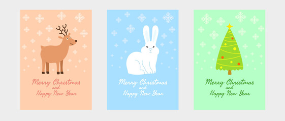 Wall Mural - Set of Christmas cards in cute, cartoon children's style with rabbit, tree and reindeer for winter holidays, new year, greetings and invitations. Vector illustration