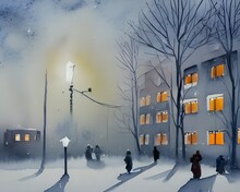 The Watercolor Apartment Buildings Are Standing Against The Winter Nighttime. You Can See The Different Colors Of The Building And How They Are Blended In With Each Other. The Snow Is Falling Gently A