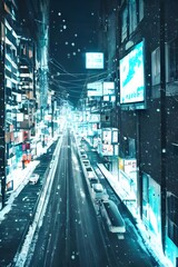 Wall Mural - The City street is covered in a light layer of snow, the headlights of cars illuminating the winter evening.