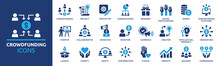 Crowdfunding Investment Icon Set. Donation And Charity Icons. Business Startup Symbol Vector Illustration. Solid Icon Collection.