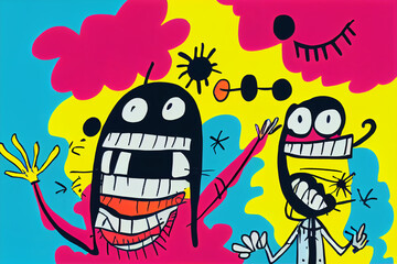 Two crazy friends in a party laughing cartoon illustration