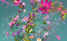 I See Blooming Flowers In An Illustration. They Are Different Colors, And Some Have Petals That Are Falling Off.