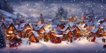 In The Picture, There Is A Winter Christmas Village. The Houses Are All Decorated With Lights And There Is Snow On The Ground. Santa Claus Is In His Workshop, Making Toys For The Children.
