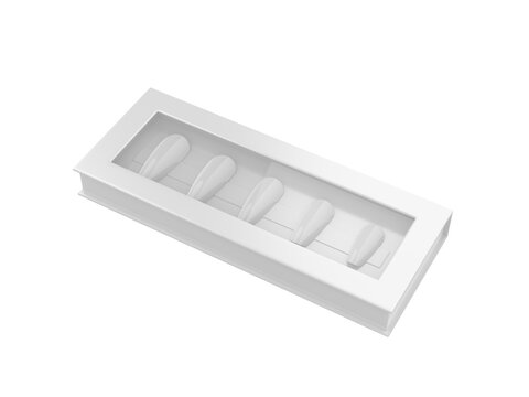 Blank false nail packaging clear window box template, 3d render illustration.