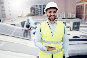 Wall Mural - Engineer, tablet and portrait of man on solar roof testing panels or installation. Renewable energy, solar energy and happy male contractor on touchscreen tech planning inspection or research online.