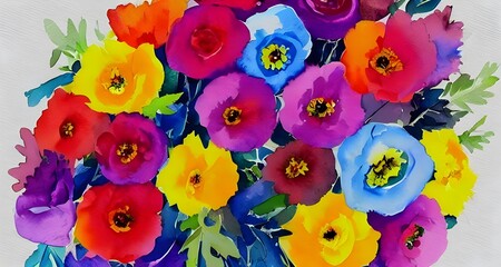 The watercolor flower bouquet is beautiful. The flowers are a mix of pink, purple, and white. They are all different sizes and shapes. Some of the petals are starting to curl up at the edges. The gree