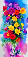 Wall Mural - I am looking at a watercolor painting of a flower bouquet. The flowers are different shades of pink and purple, and they are all in bloom. Some of the petals are starting to fall off, which gives the 