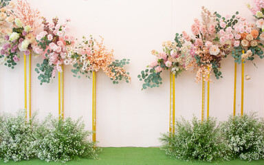 White and pink tone flower backdrop for wedding or party banquet