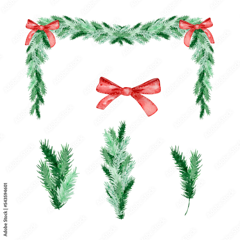 Watercolor Christmas frame of fir and pine branches with bows Stock ...