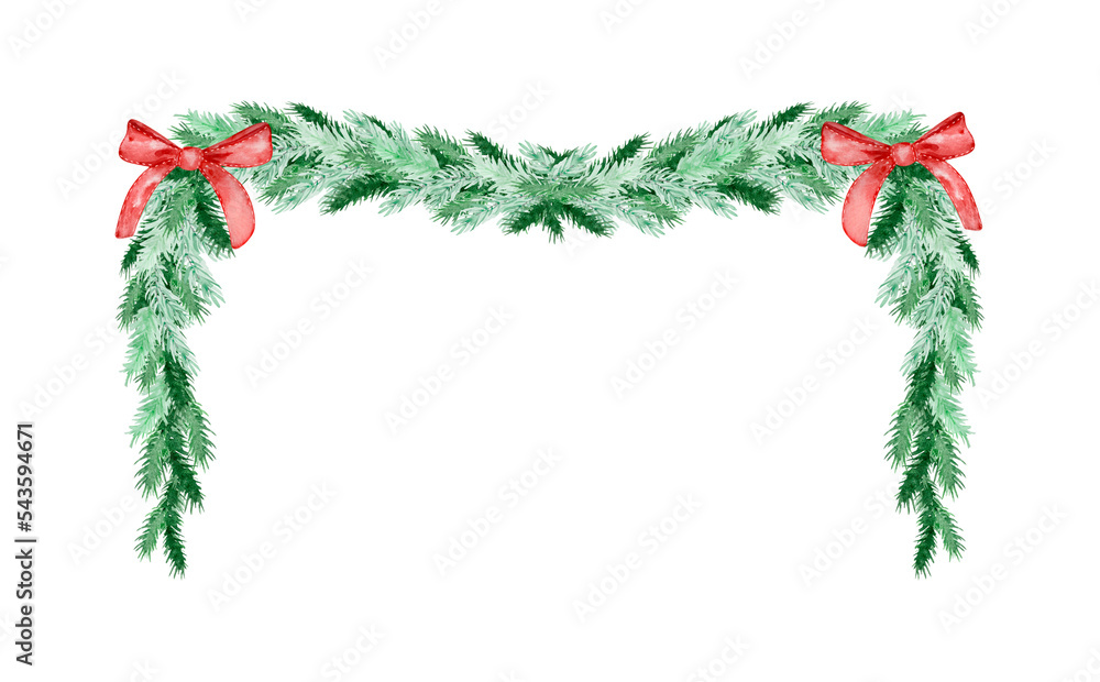 Watercolor Christmas frame of fir and pine branches with bows Stock ...