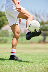 Poster - Football, soccer player and balance ball on foot on a grass field, sports pitch and a park ground. Man training for soccer sport game, fitness athlete exercise and outdoor skill workout in summer sun