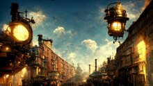 Surreal SteamPunk City On Blurred Background, Streets With Smoky Factory Buildings And Transportation Facilities