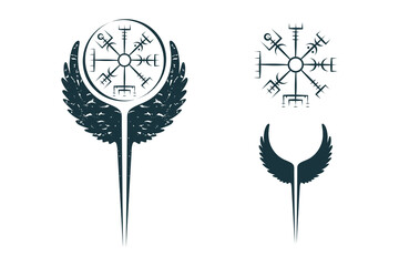 Wall Mural - Viking symbol vegvisir and raven wings . Vector isolated illustration in celtic style for  tattoo, print and t-shirt design.