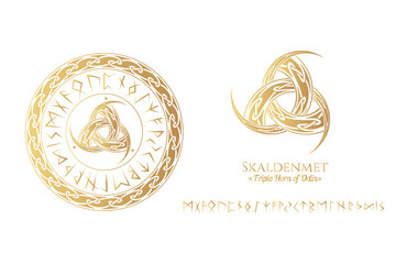 Wall Mural - Golden viking symbol skaldenment. Triple horn of Odin in a circle of Scandinavian runes . Vector isolated illustration in celtic style.