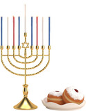 Fototapeta Zachód słońca - 3d rendering Image of Jewish holiday Hanukkah withmenorah or traditional Candelabra and donuts
