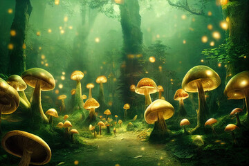 Fairy forest with glowing mushrooms. 