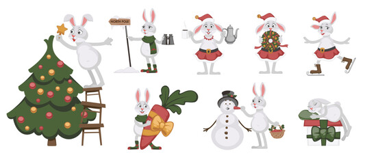 Wall Mural - Xmas tree rabbit character, Christmas time holiday