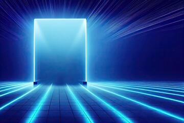 Wall Mural - blue neon rectangle light product display stage background, Generative AI Art