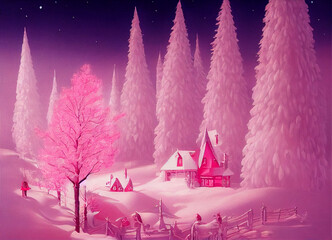 Wall Mural - pink Christmas scene  , whimsical art, background, digital art, illustration