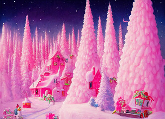 Wall Mural - pink Christmas scene  , whimsical art, background, digital art, illustration