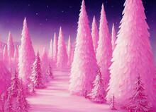 Pink Christmas Forest  , Whimsical Art, Background, Digital Art, Illustration