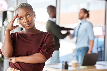 Annoyed, attitude and business woman in office, roll eyes at gender inequality, prejudice and unfair workplace. Sexism, discrimination and frustrated black woman in boardroom after business meeting