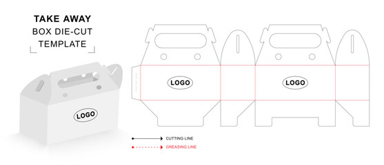 Takeaway box die cut template with 3D blank vector mockup for food packaging