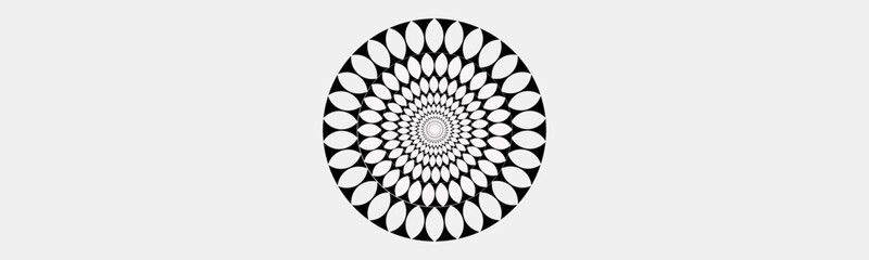 A black and white optical spiral illusion vector illustration background.